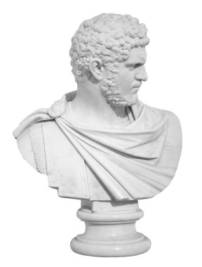 Ancient white marble sculpture bust of Caracalla. Marcus Aurelius Severus Antoninus Augustus known as Antoninus. Roman emperor. Isolated on a white background with clipping path clipart