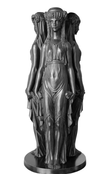 Antigua escultura de bronce Las tres ninfas. Tres gracias aisladas sobre fondo blanco con ruta de recorte — Foto de Stock