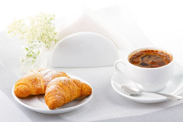 Reggeli Kávéval Croissant Nal — Stock Fotó