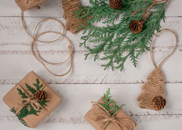 Presentes Ano Novo Embalagens Artesanais Natal Ano Novo Feriados Fundo — Fotografia de Stock