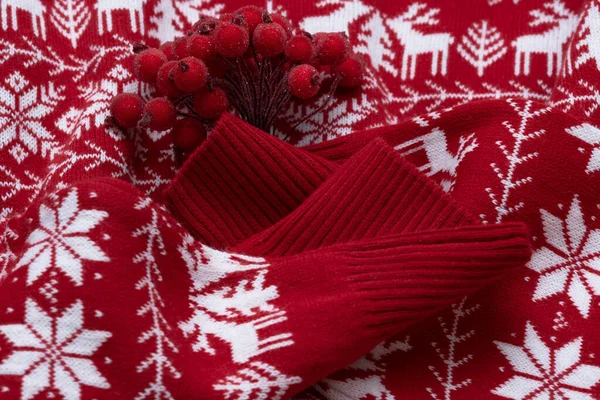 Kytice Zimních Bobulí Červeném Svetru Vánoční Nebo Novoroční Koncept — Stock fotografie