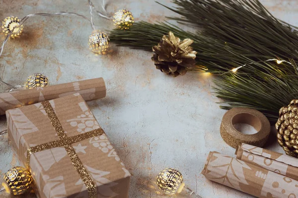 Işi Paketlerinde Noel Hediyeleri Noel Yeni Yıl Tatili Geçmişi Metin — Stok fotoğraf