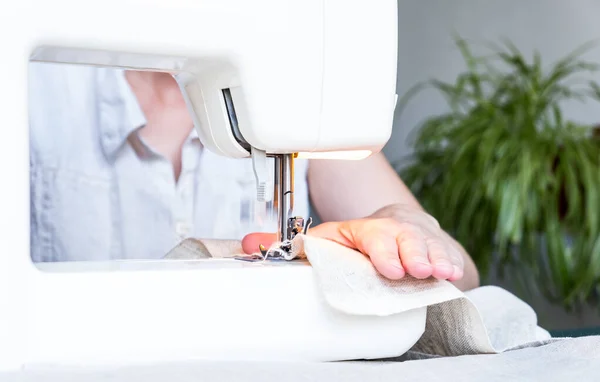 Woman Sewing While Sitting Her Working Place Home Sewing Process — Stock Photo, Image