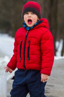 Boy walking in the winter park