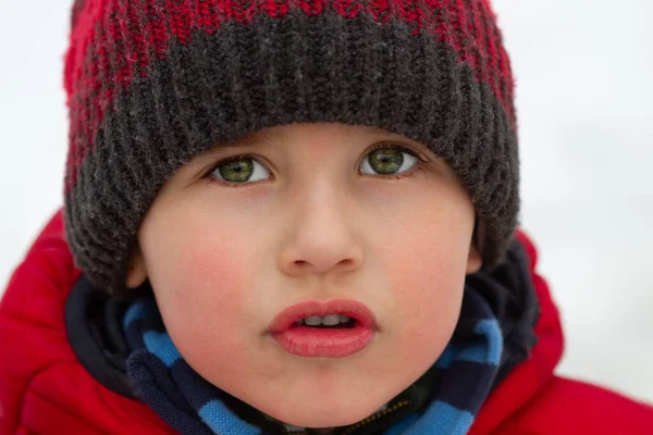 Portrait Boy Winter Clothes Park Looking Camera — Stockfoto