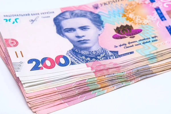 Ukrainian Two Hundred Hryvnia White Background Concept Receiving Salary Inflation — стоковое фото