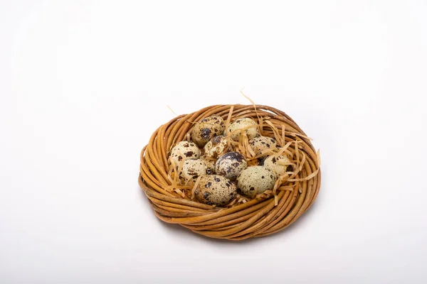 Frohe Ostern Weidenkorb Mit Osterwachteleiern — Stockfoto