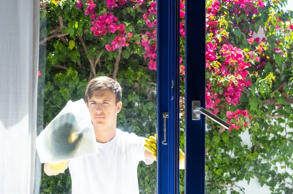 Handsome Guy Gloves Cleaning Window Home House Cleaning Washing Dirty — Stock Photo, Image