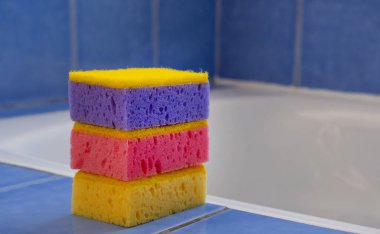 Banyoda renkli parlak süngerler. Ev temizliği için suç ortağı. Temiz ev. Temizlik kavramı