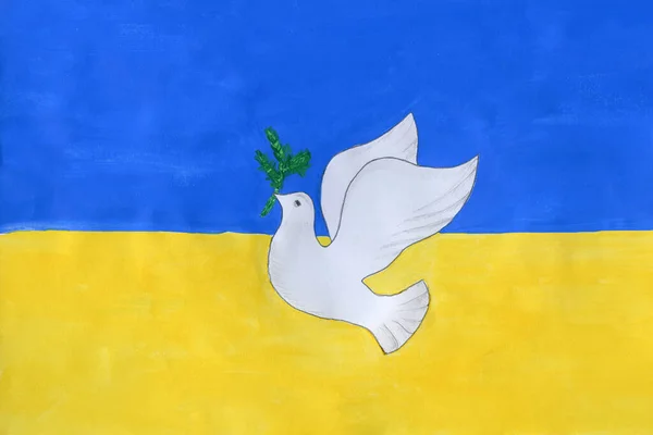 Dove of peace with a green branch against the background of the State national colors - blue and yellow, which symbolizes the blue sky and a field of wheat. Ukrainian children\'s drawings for peace