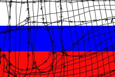 Russian flag and fence with barbed wire. War aggression conflict concept. Concept anti-Russian sanctions.  European and US sanctions. Russia in the world