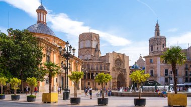 Valencia, Spain - August 07, 2019: Virgin Square. A lively square in the center of Valencia, surrounded by famous historic buildings and outdoor cafes