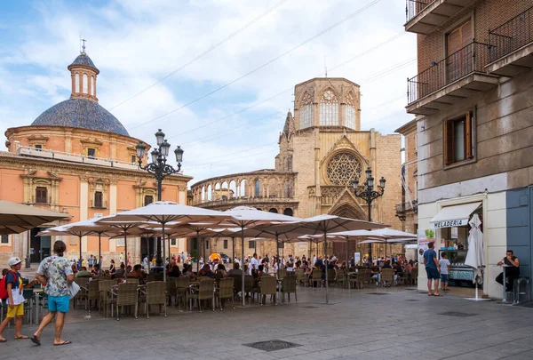 Valencia, Spain - August 07, 2019: Virgin Square. A lively square in the center of Valencia, surrounded by famous historic buildings and outdoor cafes