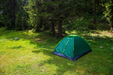 Tourist green tent on the background of forest in the foreground green grass. Camping and tent under the trees forest. Tourism concept. Man lives in the forest