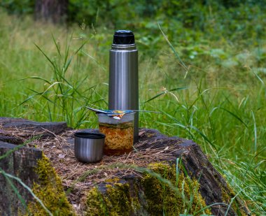 Instant noodles ready to eat. Eating outdoor, camping life