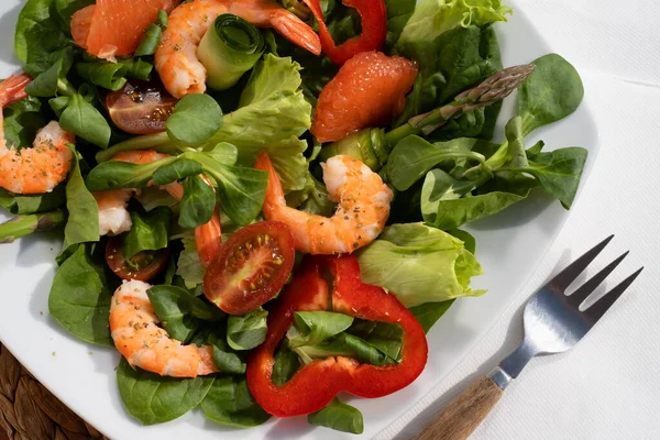 Fresh Salad Plate Shrimps Cucumbers Fresh Asparagus Tomatoes Mixed Greens — Foto de Stock