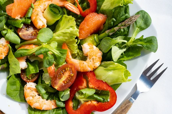 Fresh Salad Plate Shrimps Cucumbers Fresh Asparagus Tomatoes Mixed Greens — Foto Stock