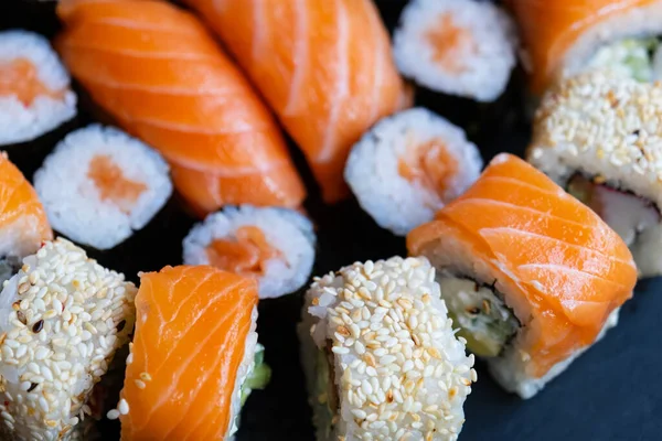 Set Sushi Roll Salmon Avocado Cream Cheese Cucumber Rice Tuna — Stock Photo, Image