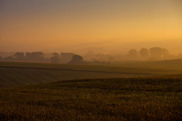 Herfst Dageraad Het Veld Mistig Landschap Met Zon — Stockfoto