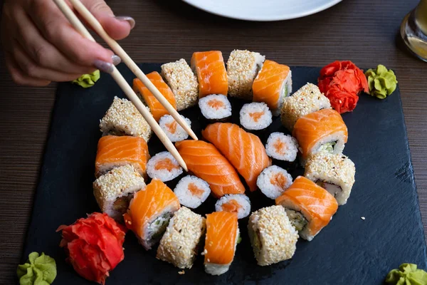 Delicious Fresh Sushi Roll Set Black Board Sushi Roll Rice — Stock Photo, Image