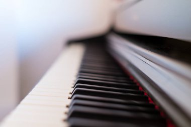 Klasik kuyruklu piyano klavyesi. Ahşap bir piyano ve piyano tuşlarına yakın plan. Seçici odaklanma ve yumuşak odaklanma. Ön görüş, yüzeysel alan derinliği