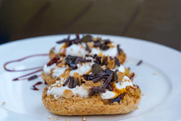 Open Sandwiches Ricotta Puffed Quinoa Grains Honey Chocolate Seeds Maple — Stock Photo, Image