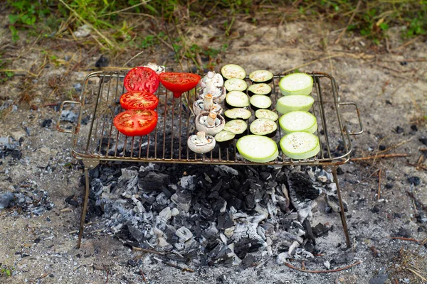 Hot Organic Healthy Vegetables Sliced Tomato Zucchini Champignon Eggplant Being — Stock Photo, Image