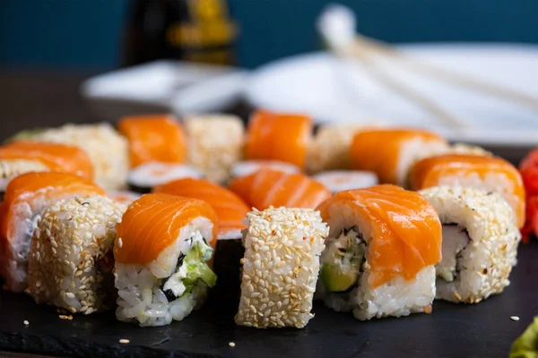 Sushi Plate Lunch Restaurant Set Sushi Roll Salmon Avocado Cream — Stock Photo, Image