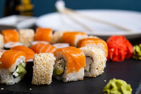 Set Sushi Roll Salmon Avocado Cream Cheese Cucumber Rice Tuna — Stock Photo, Image