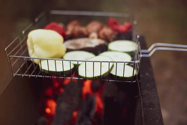 户外烧烤烤架 夏天野餐 户外娱乐活动 在篝火上烹调的食物 有选择的重点 — 图库照片