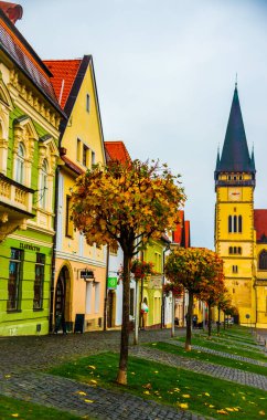Bardejov, Slovakya - 27 Ekim 2018: Bardejov Eski Kasabası merkez meydanı. Bardejov kasabası UNESCO Dünya Mirasları Alanıdır.