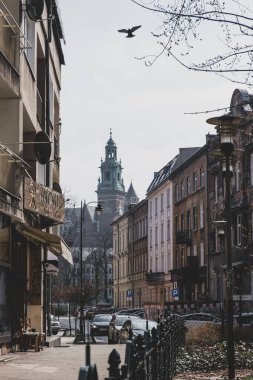 Krakow, Polonya - 24 Mart 2019 Krakow 'da tarihi evleri olan sokak