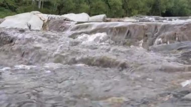 Karpatlar 'ın dağlarındaki kayalık kıyılar arasında akan dağ nehri. Vahşi dağ nehri taş kayaların arasından akıyor. Ağır çekimde taşın dibinde akan bol miktarda nehir. Vahşi dağ nehir suyu Sonbahar günü sıçrıyor