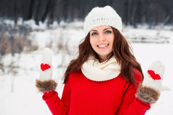 Pretty yong woman in red sweater — Stock Photo, Image