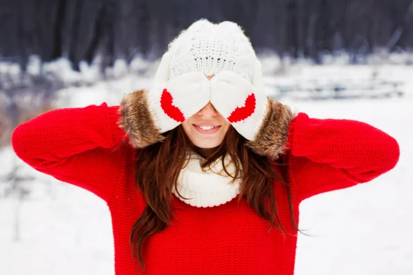 Pretty yong woman in red sweater — Stock Photo, Image