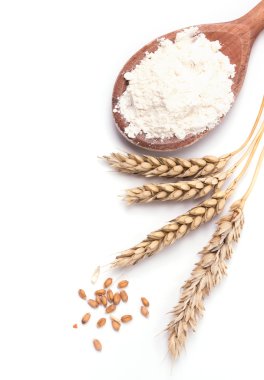 Ears of wheat and flour on the white background clipart