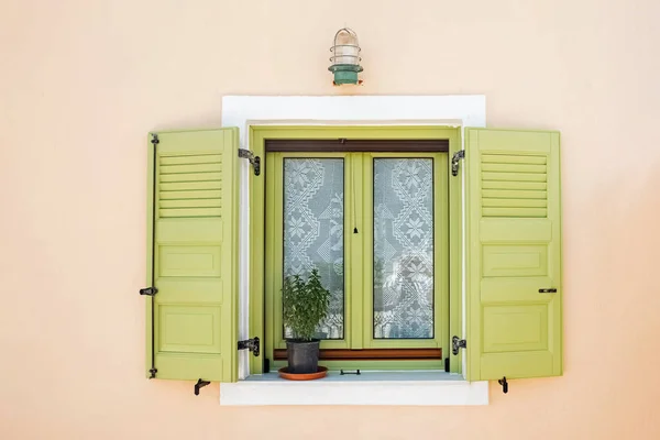 Cute Vintage Window Plant Green Shutters — Stock Photo, Image