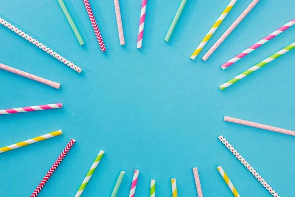 Colorful Paper Straws Blue Background Birthday Party — Stock Photo, Image