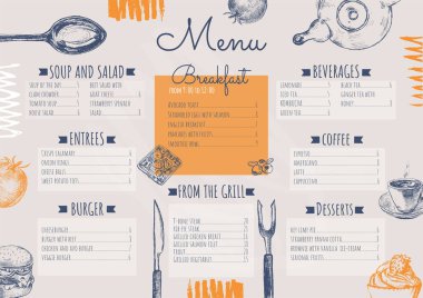 Elle çizilmiş yemek elementleri ve turuncu aksanlı menü şablonu. Vektör illüstrasyonu