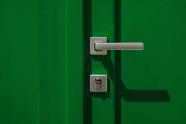 Green colored door with handle and lock close-up in a natural sunlight