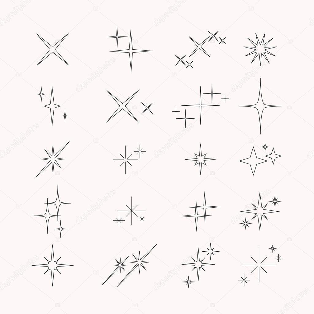 Set of vector flares, stars, twinkles and sparkles in outline. Modern trendy design decorative elements collection