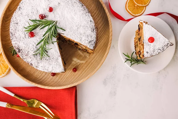 Christmas Dried Fruit Cake Sprinkled Icing Sugar Top View Holiday — Fotografia de Stock