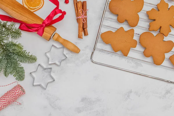 Flay lay with traditional gingerbread cookies, Christmas baking.