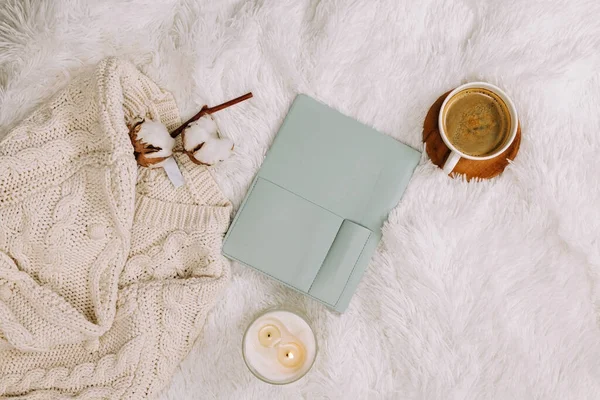 Pastel Blue Notepad Sweater Coffee Candle Top View Cozy Winter — Stock Photo, Image