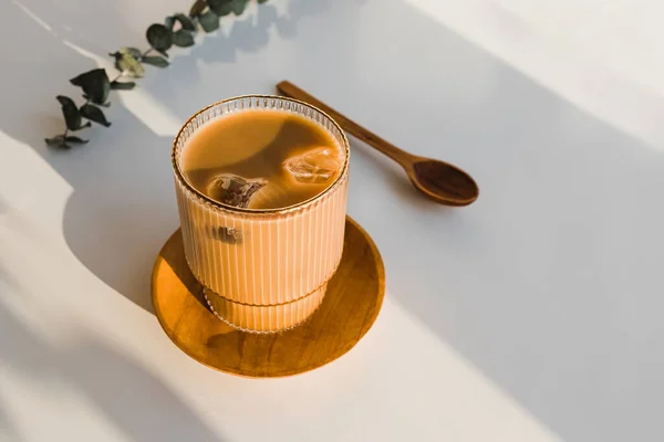 Coffee Ice Crystal Glass White Table Natural Light Long Shadows —  Fotos de Stock