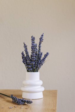 Dry lavender flowers in the small white vase. Home decor