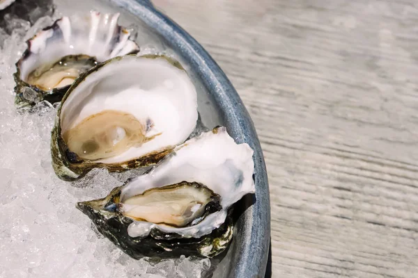 Buzdaki lezzetli taze istiridyelerin yakın çekimi, güneş ışığı.