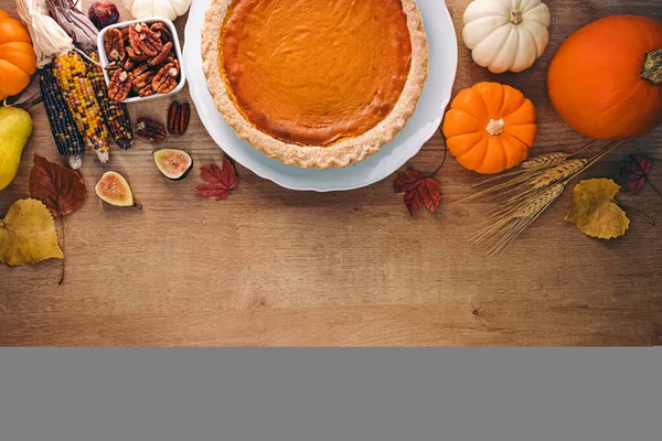 Thanksgiving Flat Lay Composition Place Text Pumpkin Pie Autumn Harvest — Stock Photo, Image