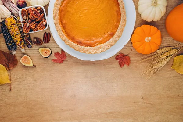 Composizione Laica Piatta Del Ringraziamento Con Posto Testo Torta Zucca — Foto Stock