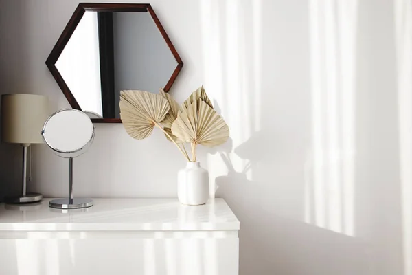 Interior Mínimo Moderno Cores Brancas Vaso Com Folhas Secas Luz — Fotografia de Stock